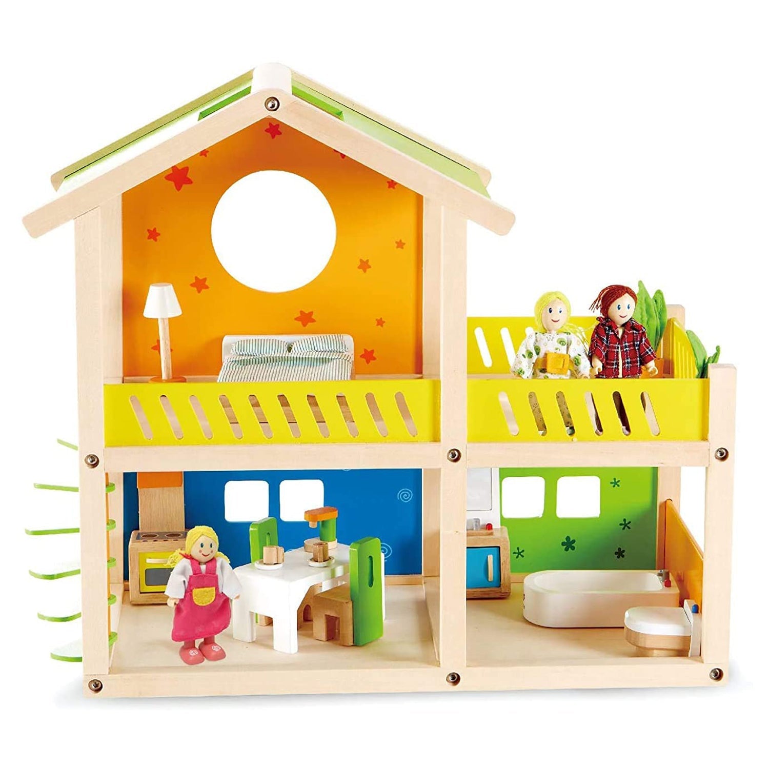 (OPEN BOX)  Hape Happy Villa Kids Wooden Doll House Set | 2 Story Dolls Villa with Furniture and Accessories