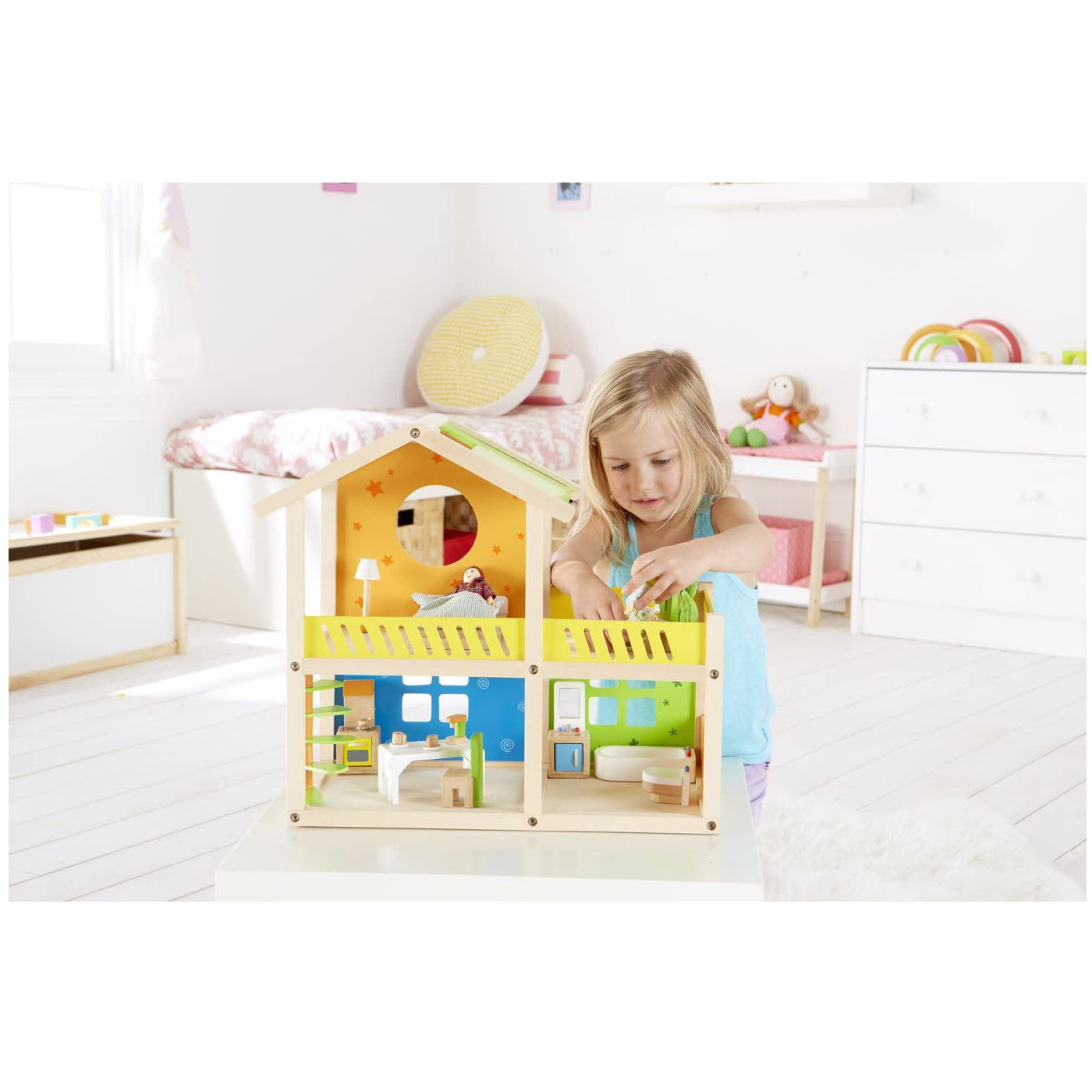 Hape Happy Villa Kids Wooden Doll House Set | 2 Story Dolls Villa with Furniture and Accessories