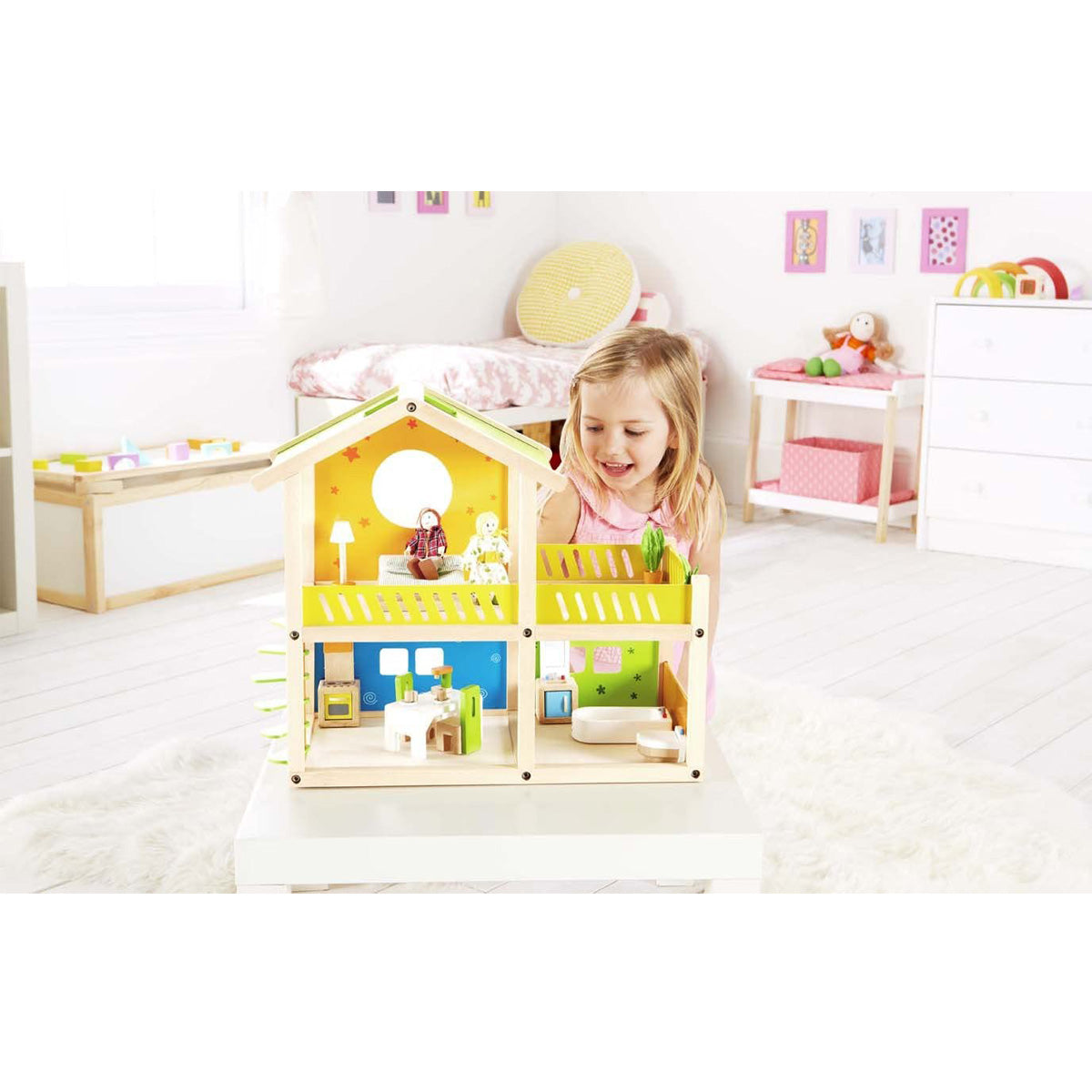 (OPEN BOX)  Hape Happy Villa Kids Wooden Doll House Set | 2 Story Dolls Villa with Furniture and Accessories