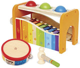 (OPEN BOX)  Hape Pound, Tap, & Shake! Music Set - Award Winning Wooden Pounding Bench, Baby Xylophone, and Tap Along Tambourine