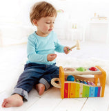 (OPEN BOX)  Hape Pound, Tap, & Shake! Music Set - Award Winning Wooden Pounding Bench, Baby Xylophone, and Tap Along Tambourine