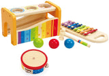 (OPEN BOX)  Hape Pound, Tap, & Shake! Music Set - Award Winning Wooden Pounding Bench, Baby Xylophone, and Tap Along Tambourine